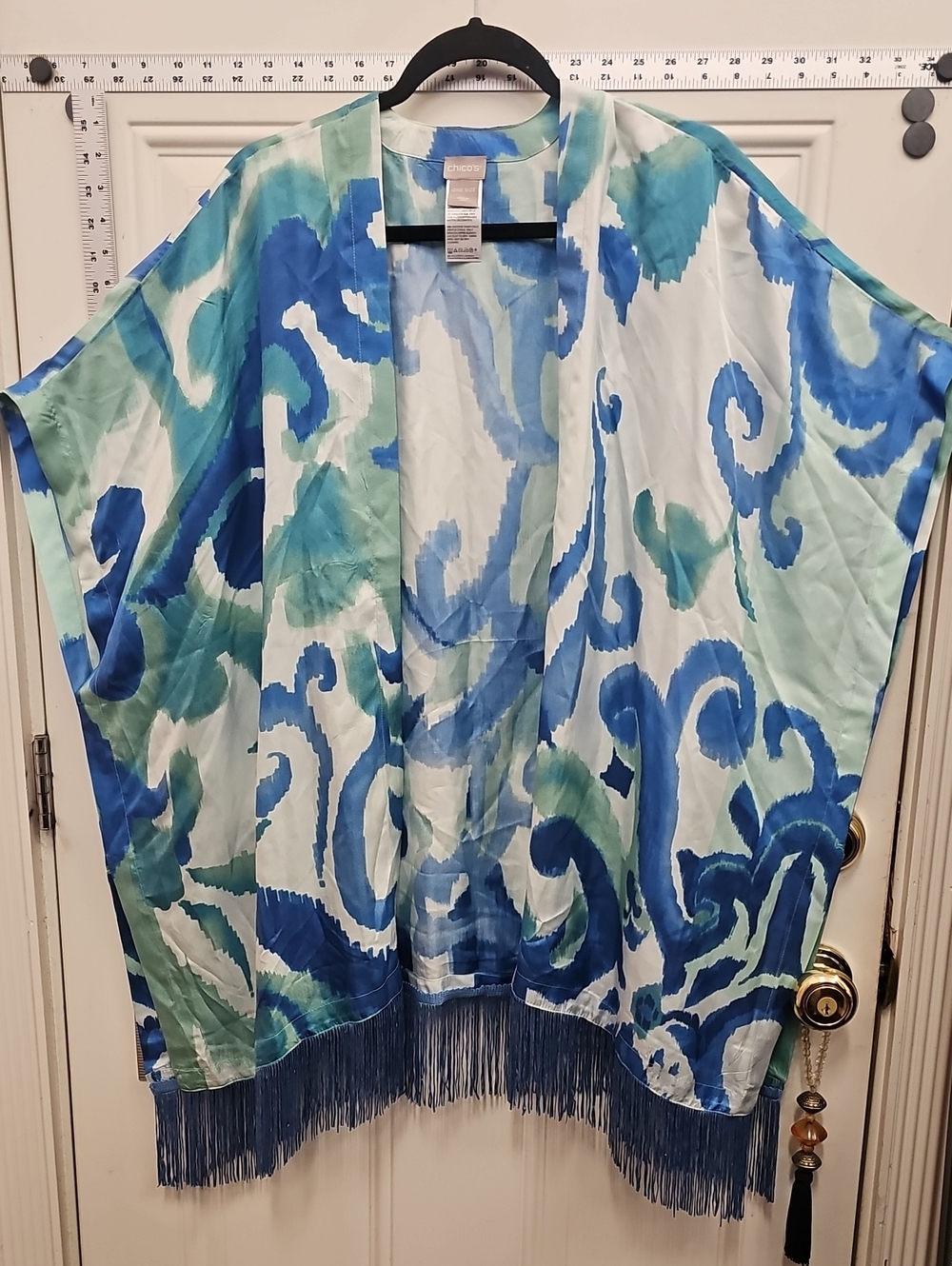 Chicos Teal & Blue Watercolor Fringe Kimono, Cover-Up, Silk, Summer, Wedding,